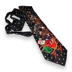 Addiction Silk Tie VTG 90s Christmas Santa Sleigh Reindeer Polka Dot Novelty